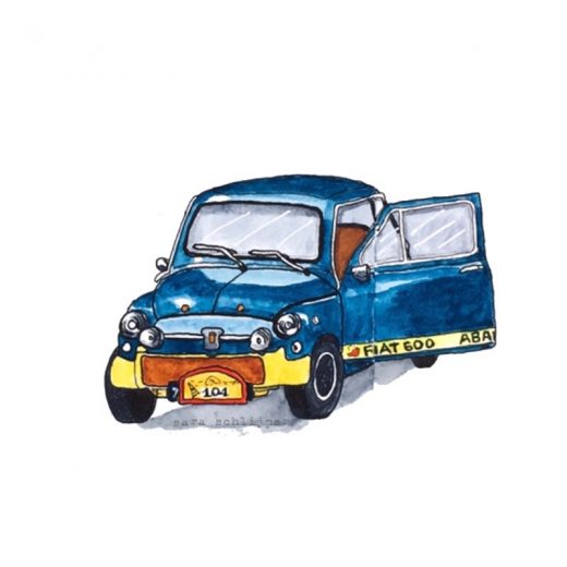 Tekening auto: blauwe Fiat 600 Abarth
