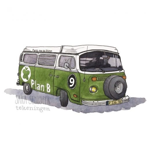 tekening volkswagen schilder electric t2, campagnebus partij voor de dieren